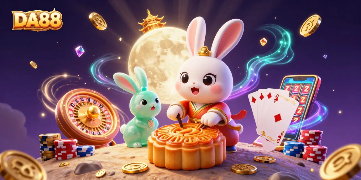 Experience thrilling wins at DA88 with a cartoon moon rabbit revealing poker chips from mooncakes.