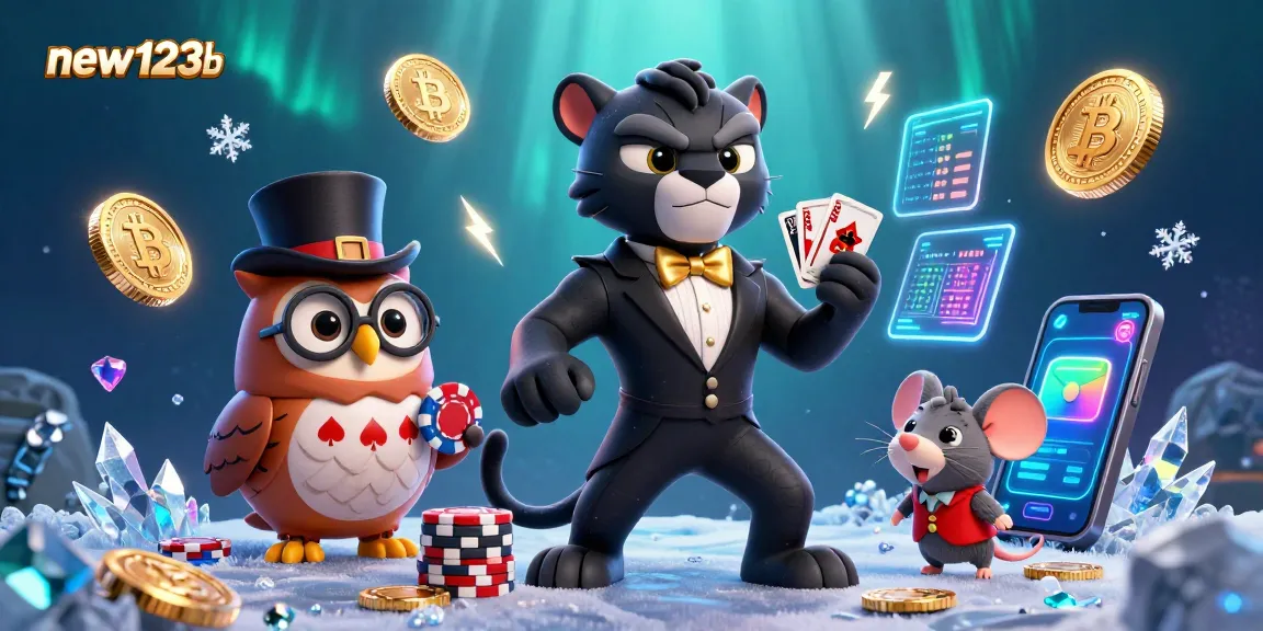 Engage with new123b's dynamic 3D casino scene featuring a stylish panther and vibrant crypto elements.