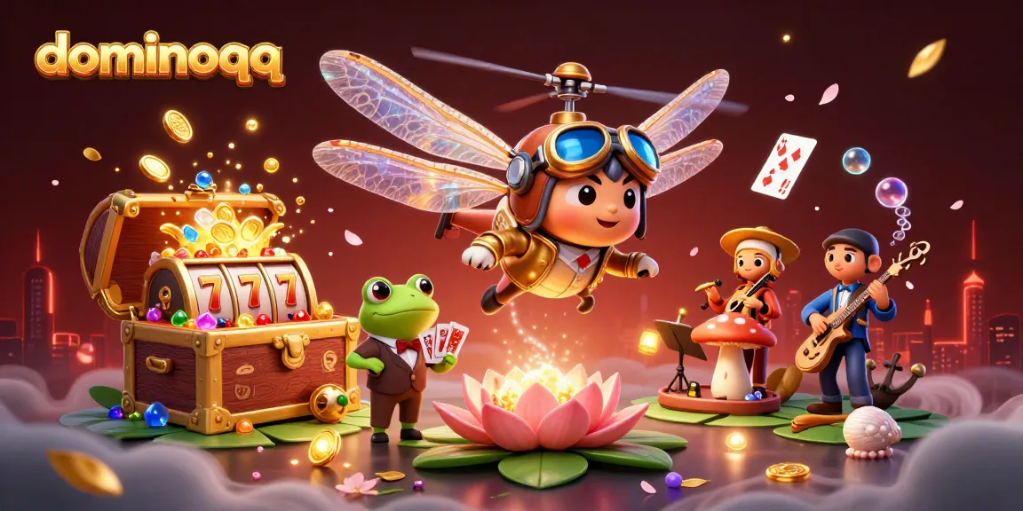 Experience thrilling gameplay with dominoqq at a vibrant lily pad casino featuring unique characters and elements.