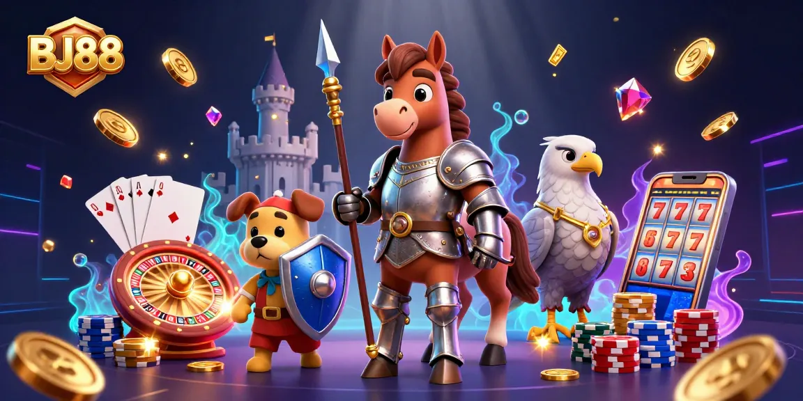 Engage with thrilling BJ88 gaming using a lively 3D illustration showcasing knights, gaming elements, and a rich casino atmosphere.