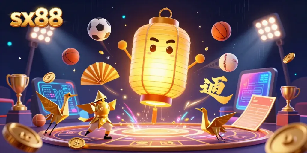 Engage with sx88's vibrant casino scene featuring a glowing lantern spirit, dynamic sports balls, and lucky symbols.