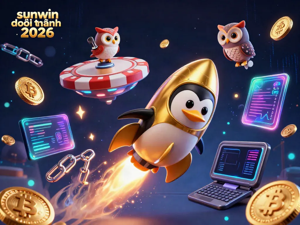 Experience thrilling luck with sunwin đổi thưởng 2026, featuring a golden penguin and casino space station.