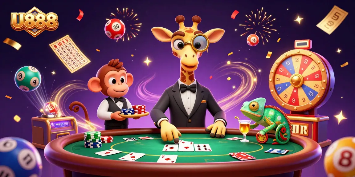 U888 showcases a high-roller giraffe at a poker table with vibrant casino elements.