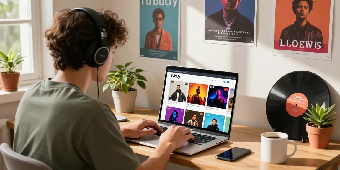 Person exploring Tubidy's MP3 downloads in a lively home office, showcasing vibrant music culture.