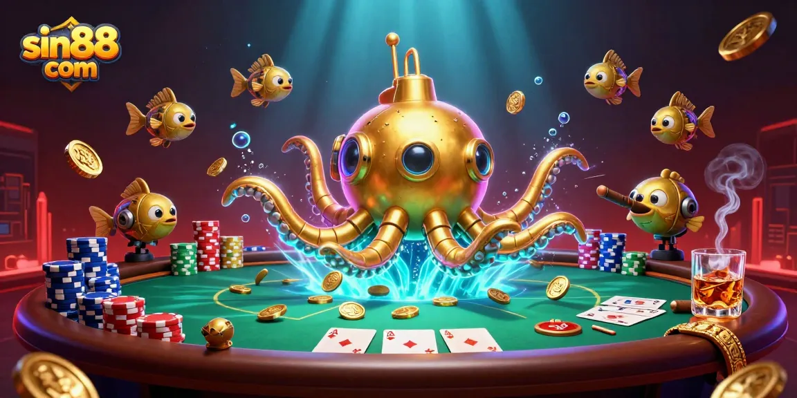 Experience thrilling gameplay at sin88 com with a golden kraken submarine in a vibrant casino scene.