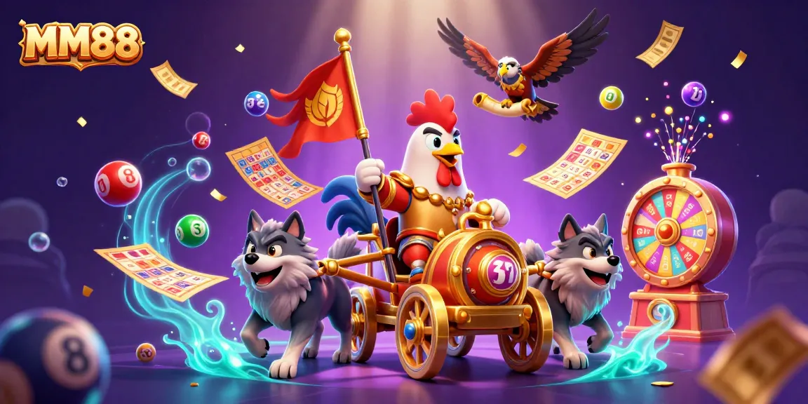 Engage with MM88 by exploring vibrant lottery and casino-themed illustrations featuring dynamic game elements.