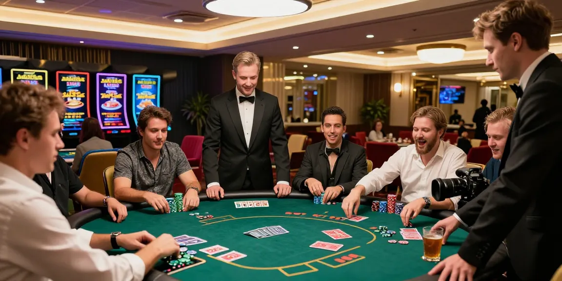 Dewapoker Live Jackpot gaming scene with players engaged in poker at vibrant tables filled with chips and drinks.