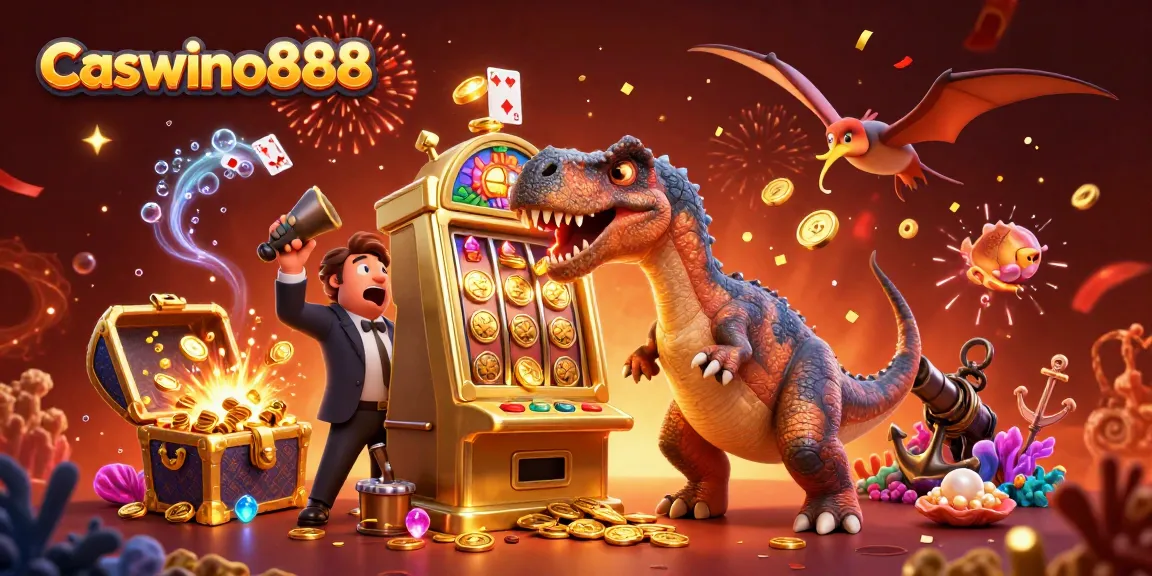 Caswino888 casino scene featuring a pachycephalosaurus celebrating jackpot wins with gold coins and vibrant decorations.