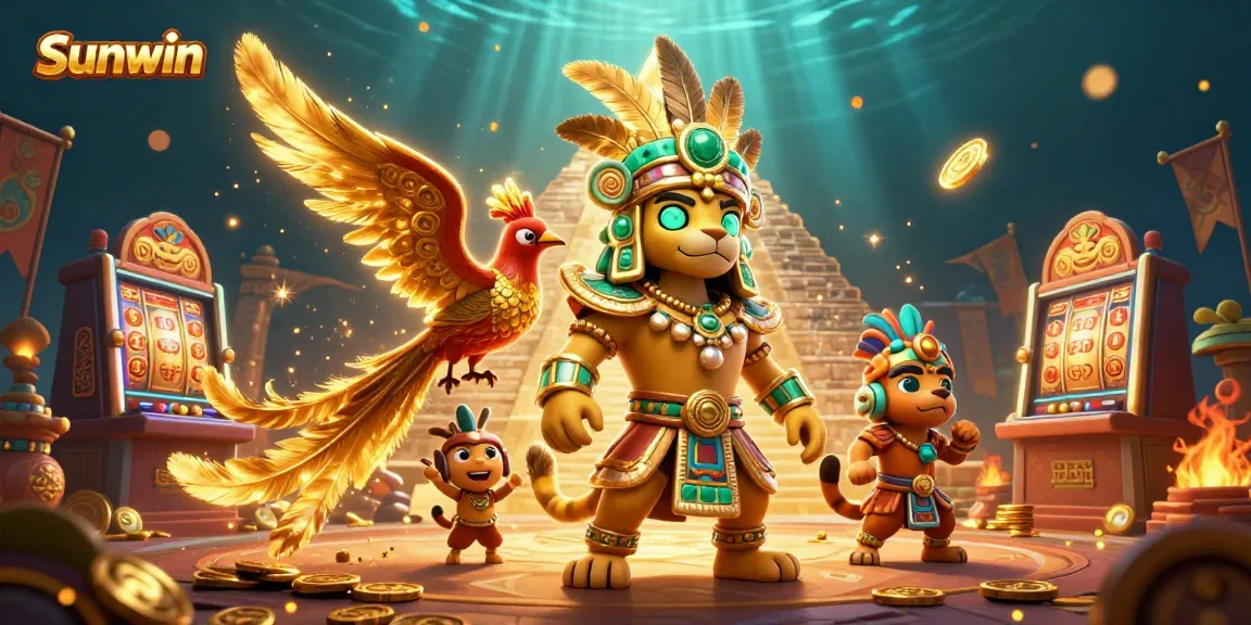 Join the thrilling Sunwin experience with an exciting Mayan ambiance featuring slot games, golden coins, and vibrant characters.