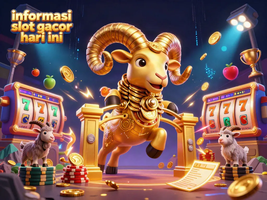 Mengakses informasi slot gacor hari ini dengan ilustrasi ram emas dan simbol slot yang menarik