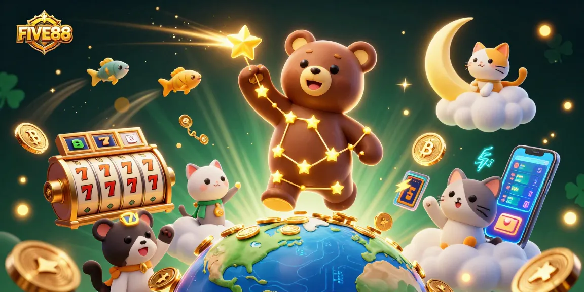 Experience the excitement of FIVE88 as the golden constellation bear scoops coins under a starry sky.