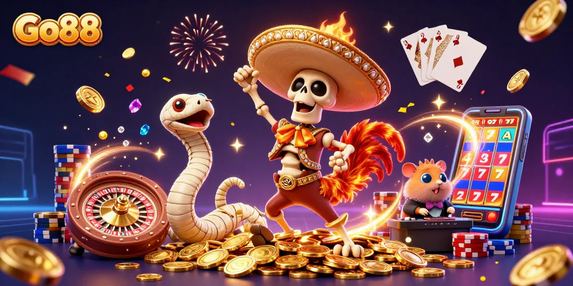 Go88 casino offers a vibrant scene featuring a mariachi rooster and a DJ hamster celebrating on golden coins.