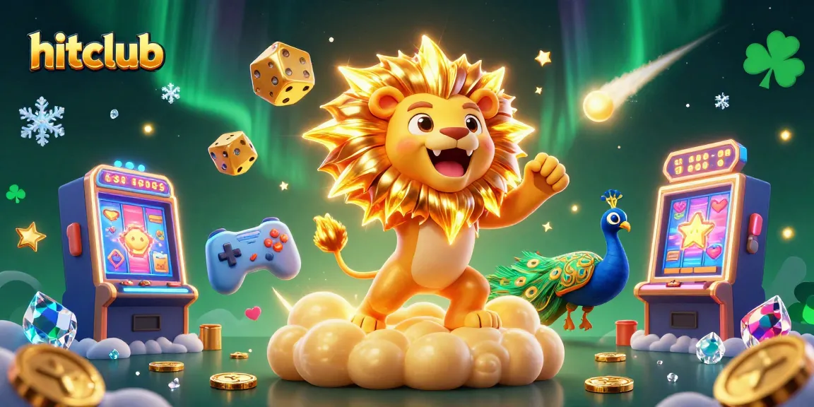 Join hitclub for an exciting 3D adventure with slot machines and golden dice amidst a casino-themed backdrop.