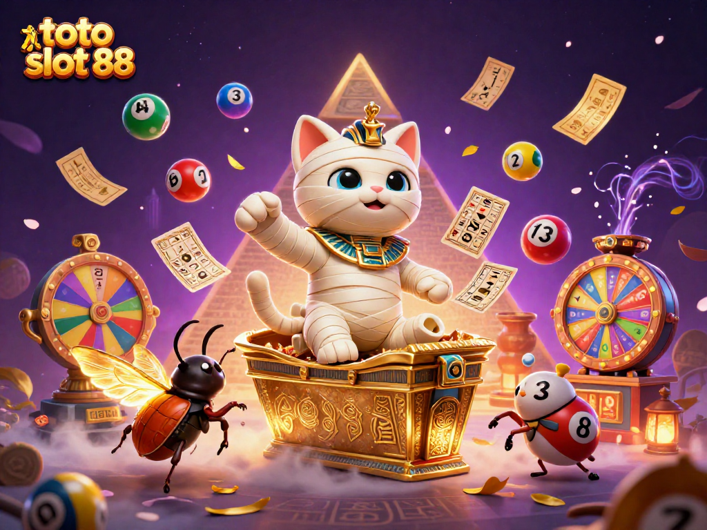 Experience the thrill of toto slot 88 in a vibrant casino scene with a mummy cat and lottery elements.