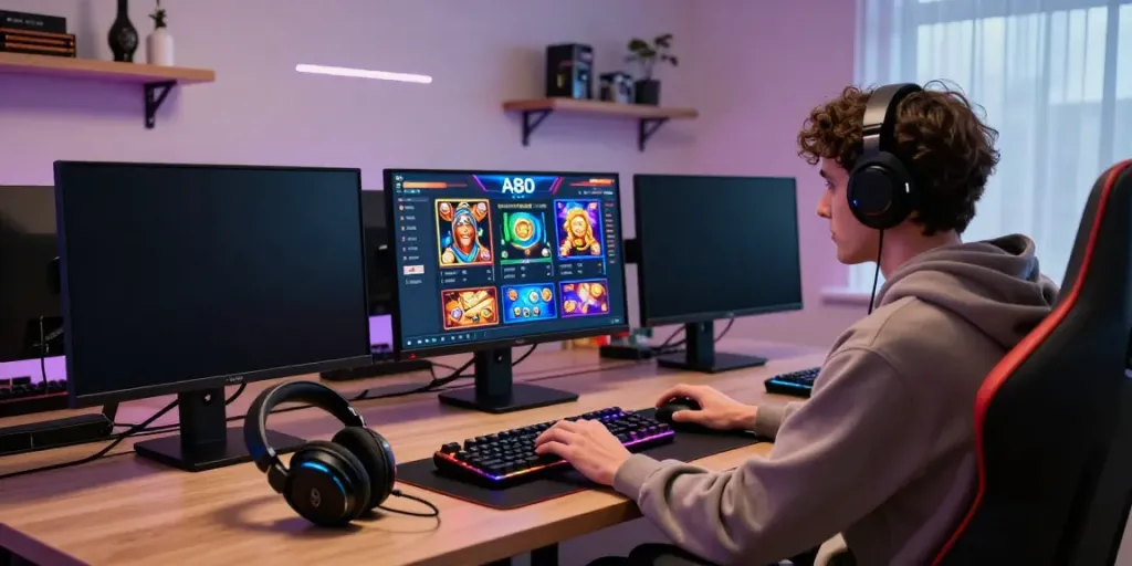 A80 slot information platform gaming scene with a focused gamer and vibrant slot graphics.