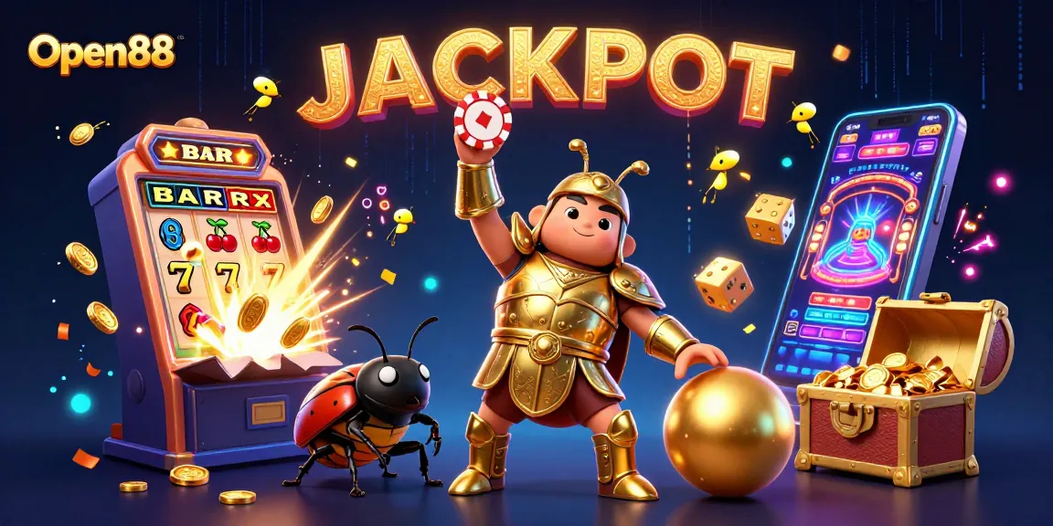 Experience thrilling gameplay at Open88 with a victorious beetle hero lifting a poker chip, surrounded by casino excitement.