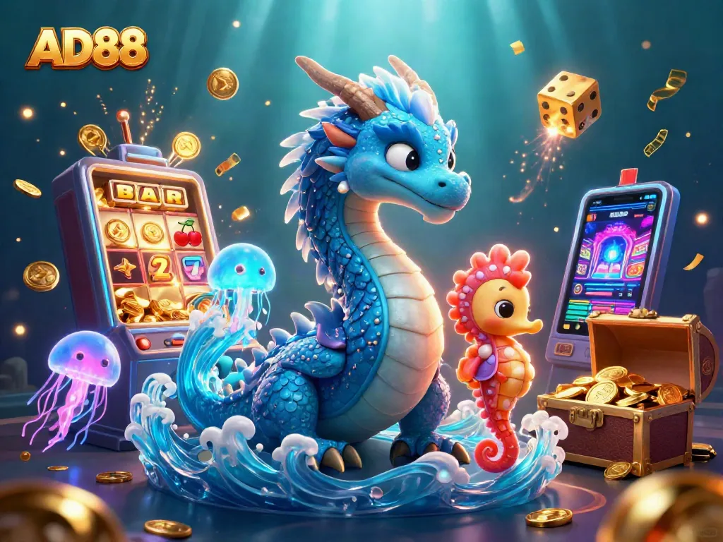 Play exciting slots with AD88 in a vibrant underwater scene filled with treasures and mythical creatures.