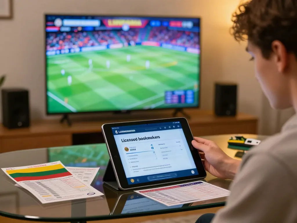 Comparing licensed bookmakers Lithuania on a tablet while enjoying a sports event.