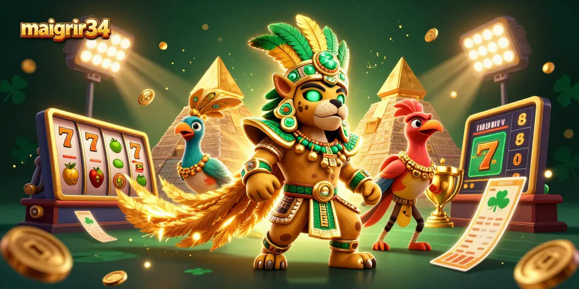 Visez le jackpot sur maigrir34 avec une scène riche illustrant un prêtre jaguar et éléments de casino.