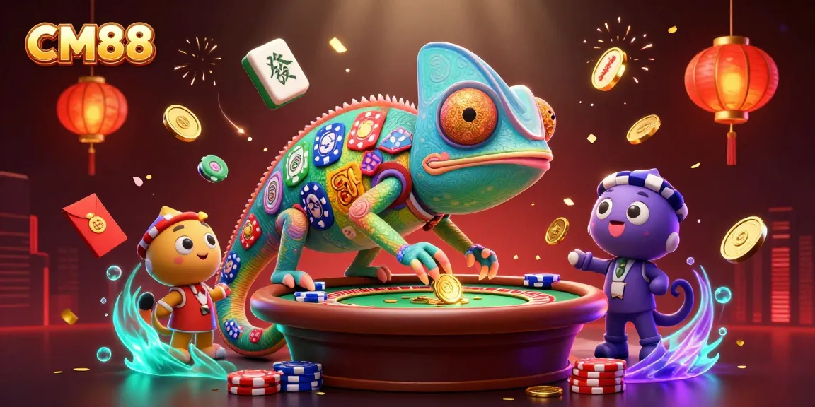 Experience the vibrant casino atmosphere of CM88 with a dynamic chameleon character and festive decorations.
