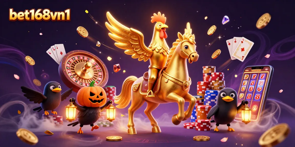 Experience excitement at bet168vn1 with golden rooster in a vibrant casino scene full of games.