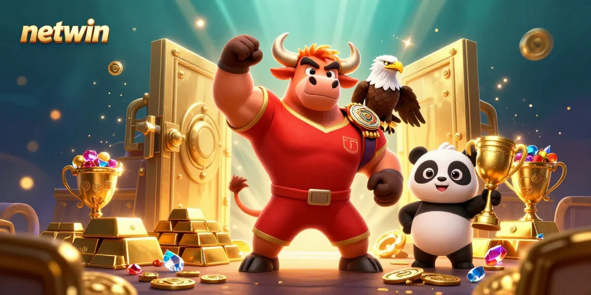 Experience the excitement of netwin with a vibrant casino scene featuring a bull, eagle, and panda celebrating victories.