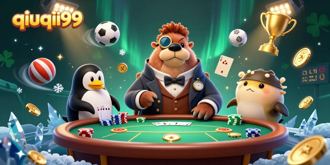 Join the excitement of qiuqiu99 poker with a jolly walrus, penguin dealer, and bluffing pufferfish amid vibrant casino elements.