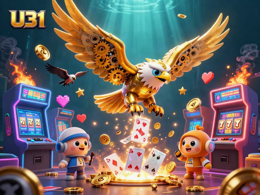Engage with U31 as a cybernetic golden eagle dives through holographic cards in a vibrant casino scene.