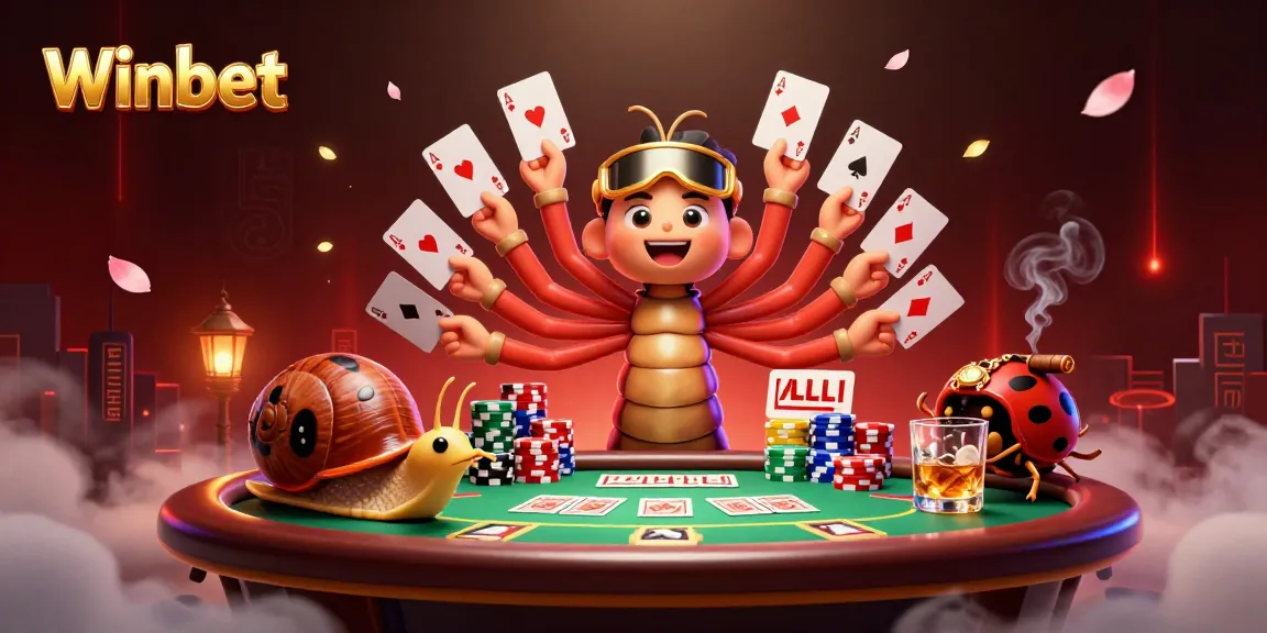 Winbet casino illustration featuring an animated dealer and vibrant poker scene.