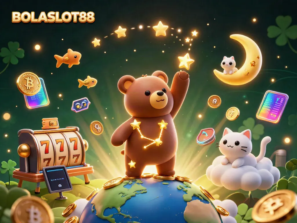 BOLASLOT88 constellation bear scooping up coins, depicting an exciting online gaming experience.