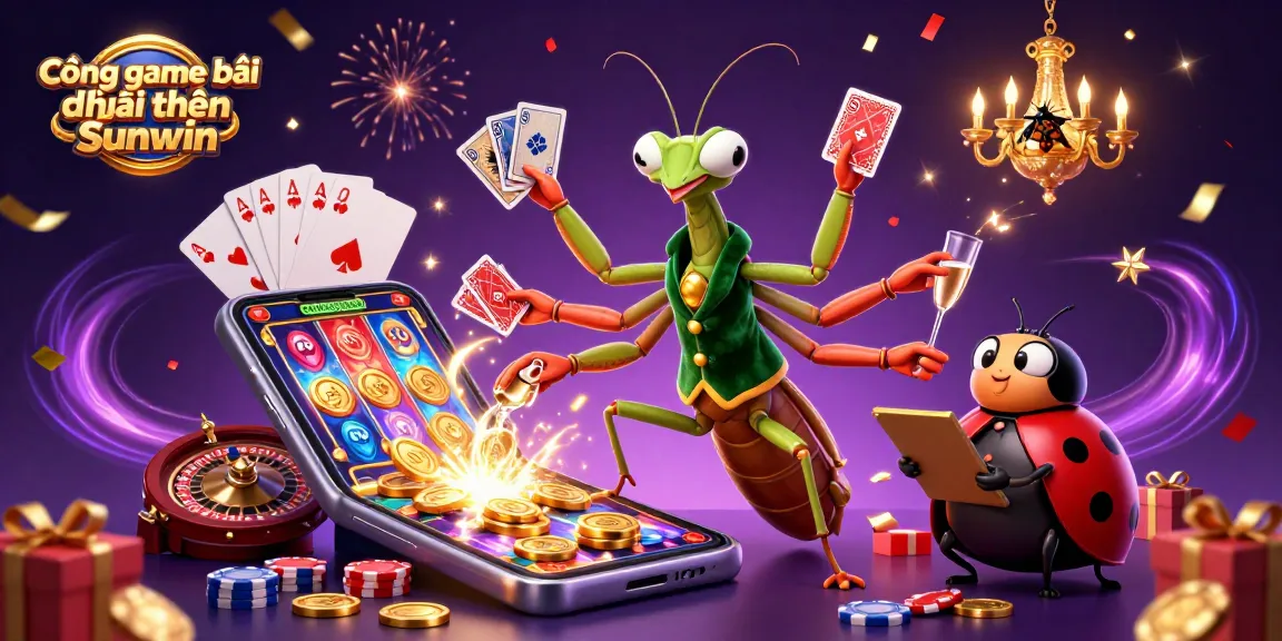 Cổng game bài đổi thưởng Sunwin showcases a vibrant 3D scene with a giant mantis card sharp and ladybug pit boss amidst casino game elements for enchanting gameplay.