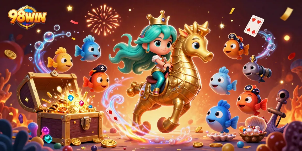 Engage with 98WIN's captivating underwater casino adventure featuring a mermaid, seahorse, and vibrant treasures.