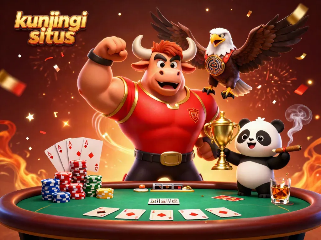 Kunjungi situs dengan optimisme, karakter 3D merayakan kemenangan di kasino online.