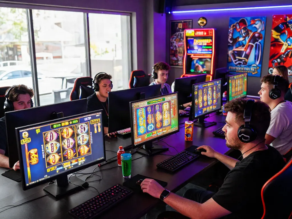 Engaged players enjoying slot online games in a vibrant gaming lounge.