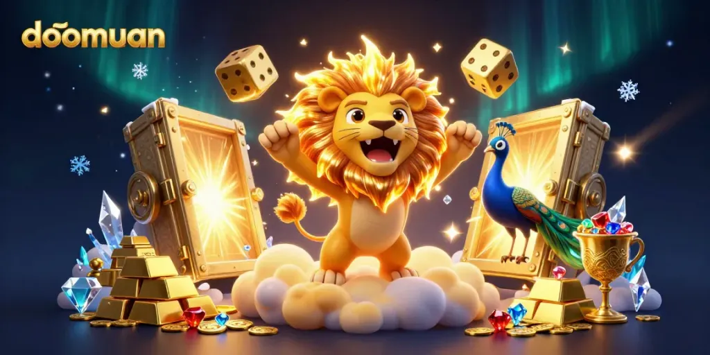 Join the excitement of doomuan with a vibrant 3D casino illustration showcasing golden treasures and animated elements.