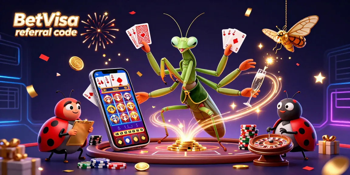 Engage with the BetVisa referral code scene showcasing a cartoon mantis card sharp and ladybug pit boss in a vibrant casino