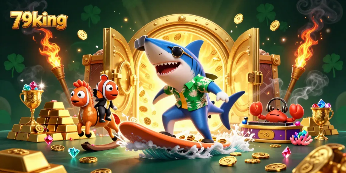 Experience thrilling wins at 79king with a colorful 3D illustration featuring unique sea creatures.