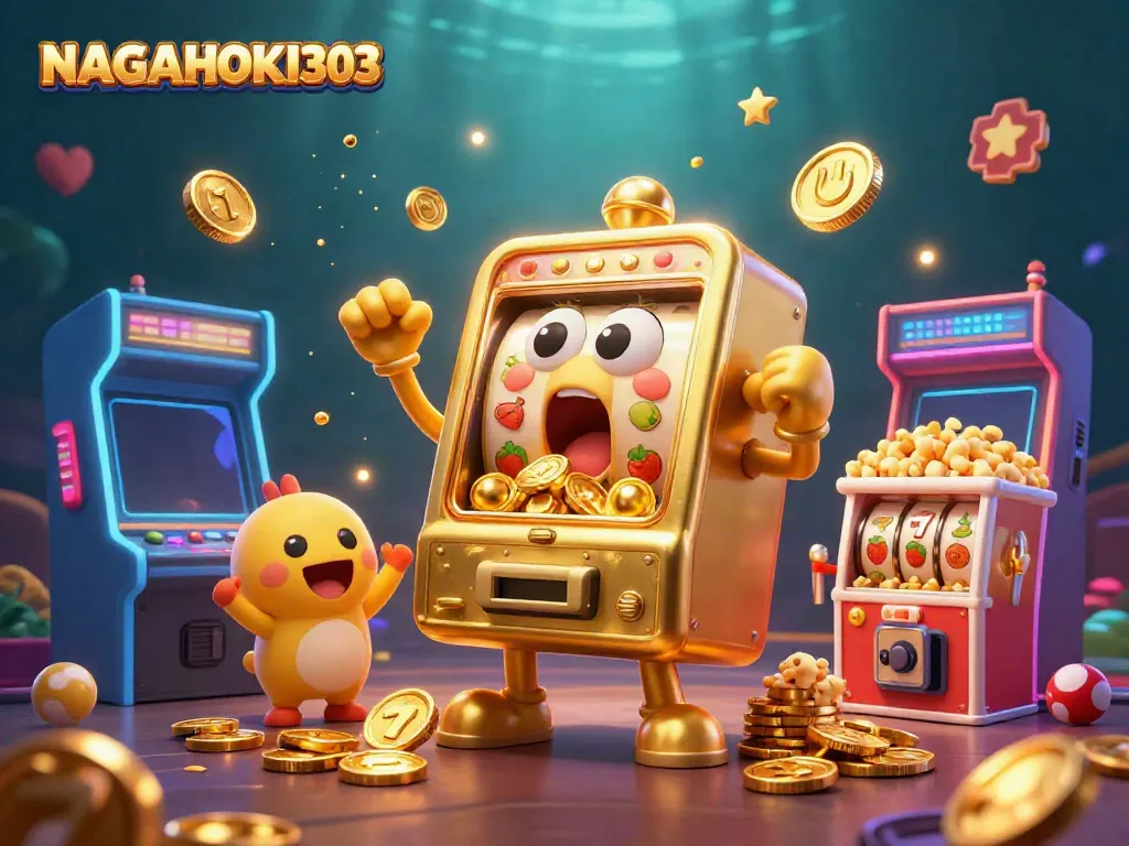 Permainan mesin slot NAGAHOKI303 menampilkan jackpot yang mengejutkan dengan koin berhamburan dan mesin pemandu yang bersorak.