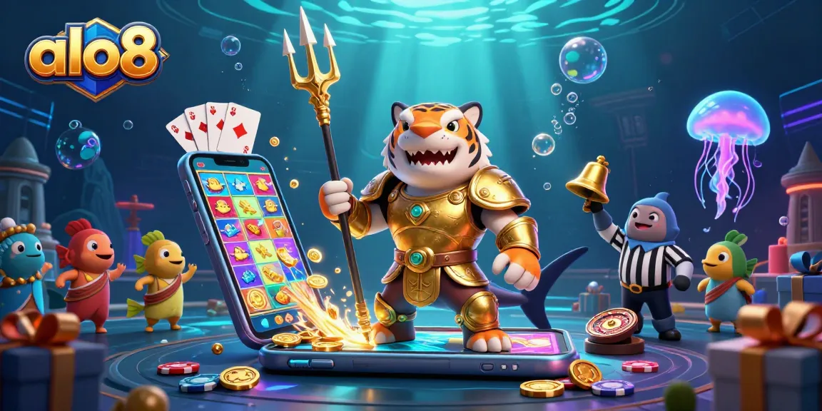 Win big at Alo8 with an immersive underwater casino featuring a golden armored shark, slot games, and vibrant prizes.