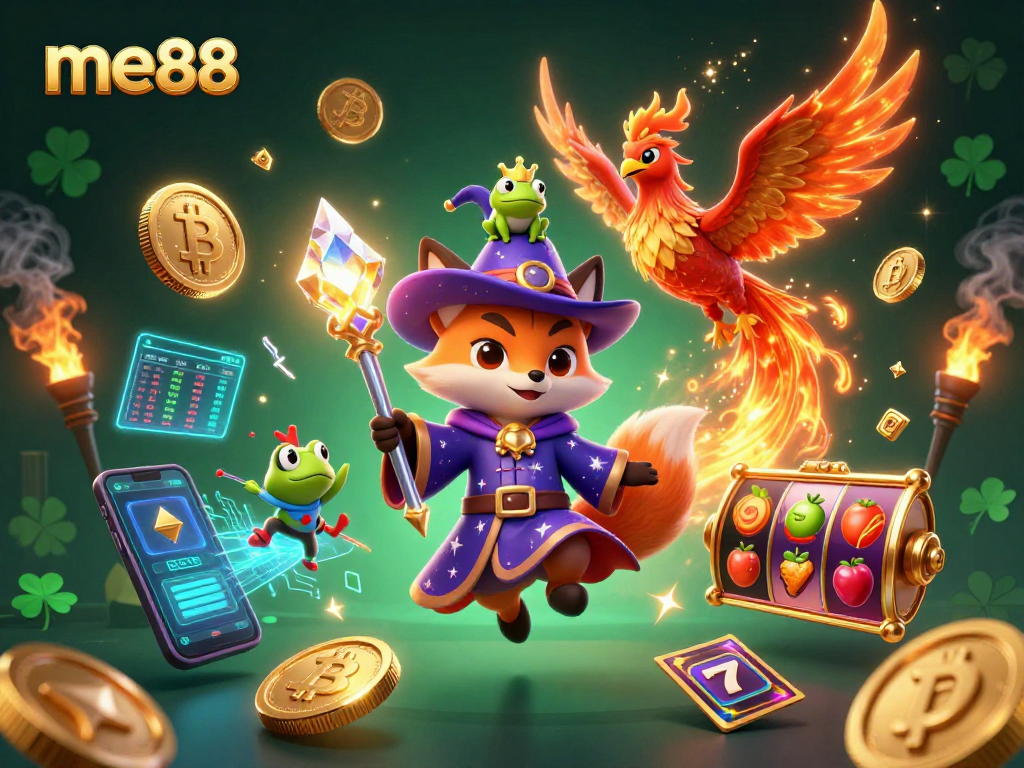 Experience exciting gameplay at me88 with a vibrant 3D scene of fantasy characters and crypto elements.