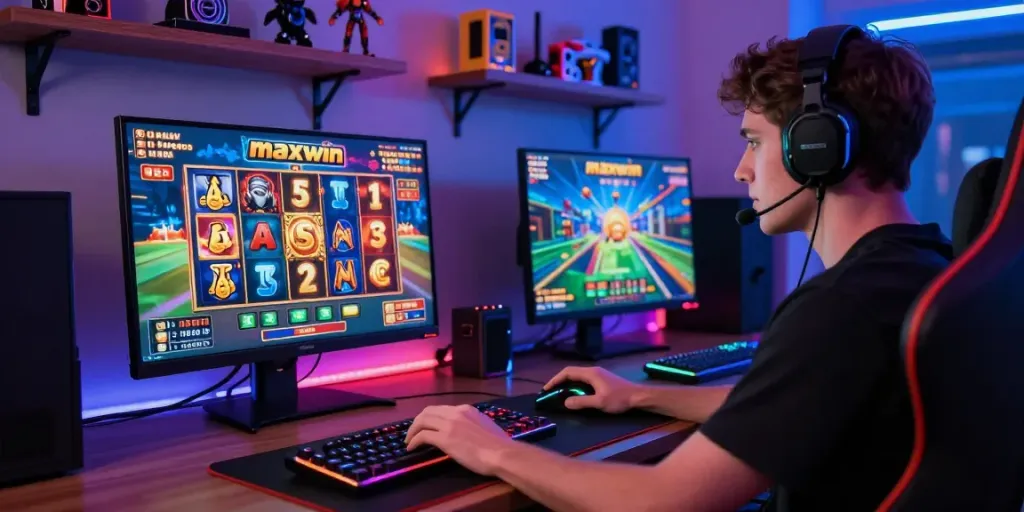 Immersive gaming scene highlighting slot maxwin gameplay on a modern laptop with engaging visuals and vibrant setup.