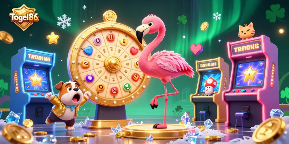 Togel86 engages with an exciting game show scene featuring a flamingo host, bulldog contestant, and prize scoreboard.