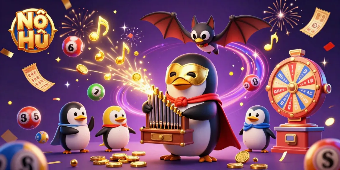 Nổ Hũ showcases a thrilling casino scene with a penguin playing an organ amidst lottery excitement, vibrant and festive atmosphere
