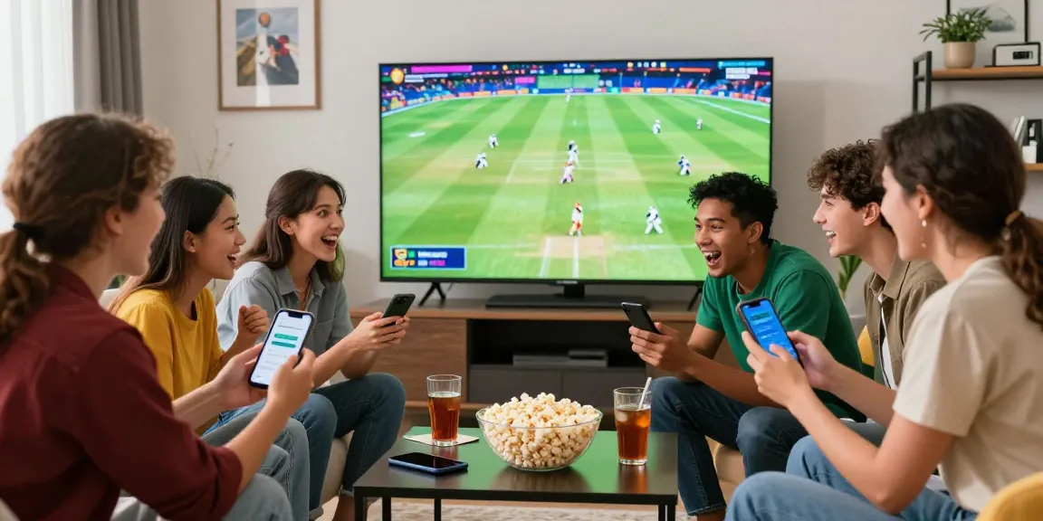 Friends engaging with the Velki App while watching live cricket in a vibrant setting.