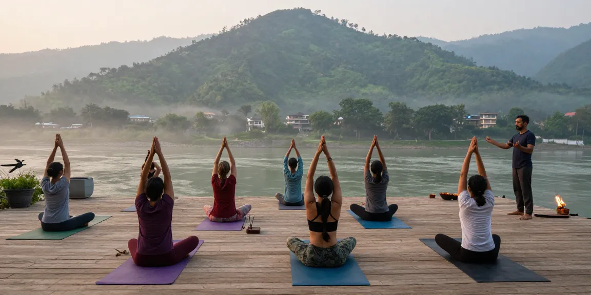 Participants enjoying a yoga retreat in Rishikesh, practicing at sunrise with stunning mountain views.