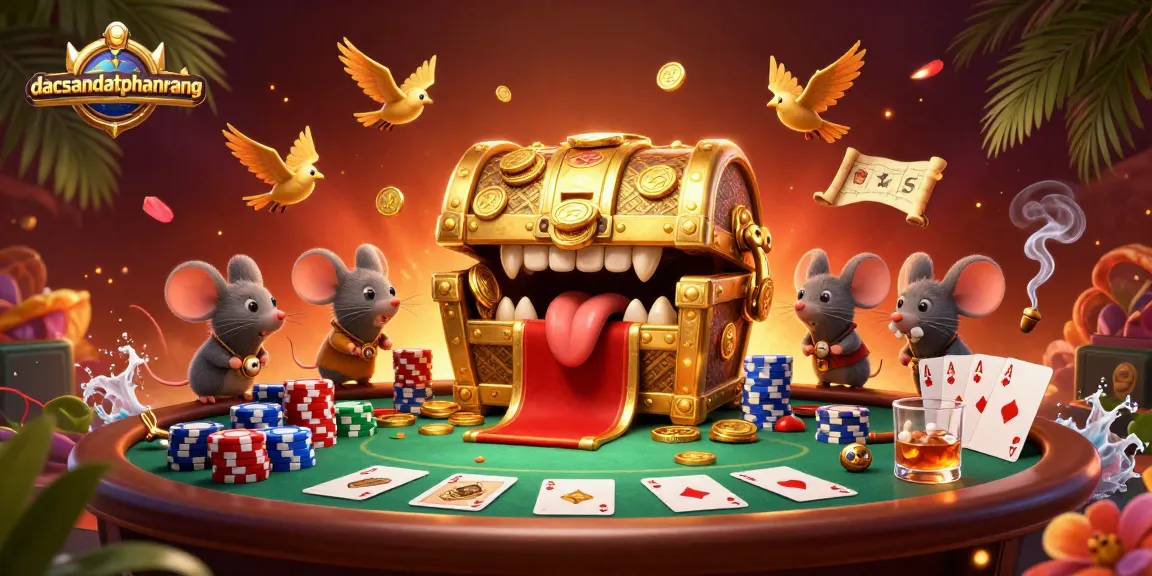 Join the dacsandatphanrang adventure, battling at the poker table surrounded by treasures and festive casino elements.