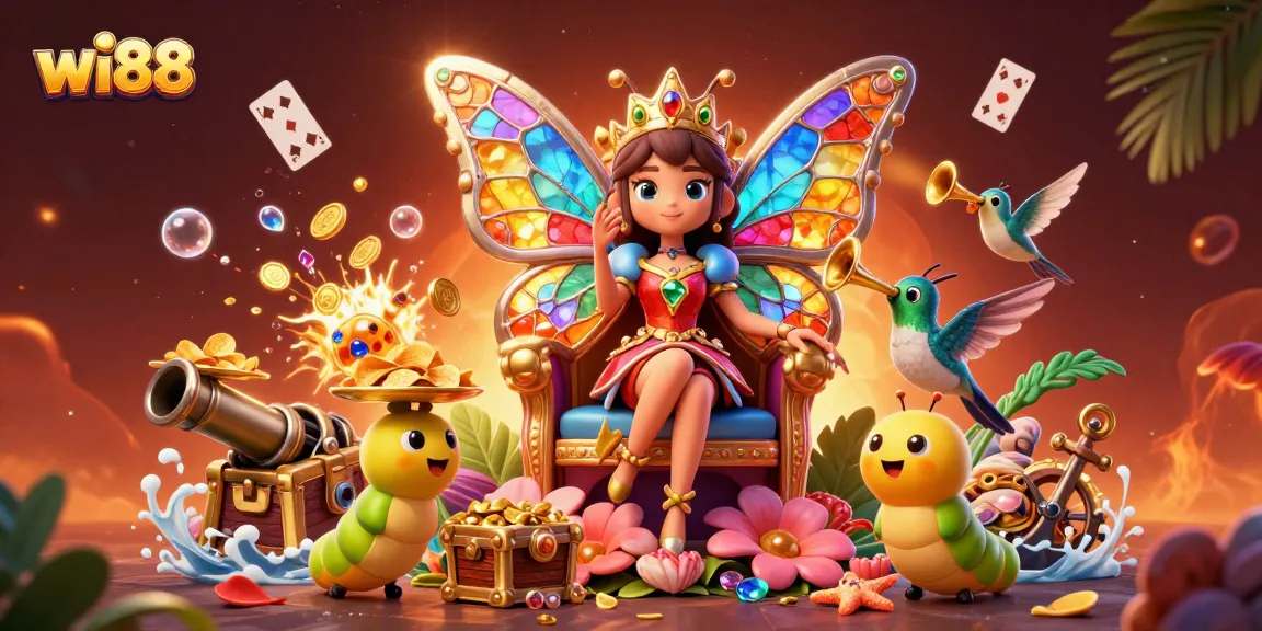 Experience winning at wi88 with a vibrant cartoon illustration of a butterfly queen in a dynamic casino scene.