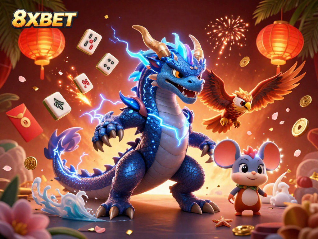 Experience thrilling excitement with 8XBET's gaming dynamics and rich features in this vibrant graphic.