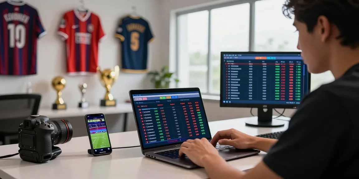 Engaging scene of a sports betting enthusiast analyzing Prediksi Bola Malam Ini statistics on a laptop with sports memorabilia around.