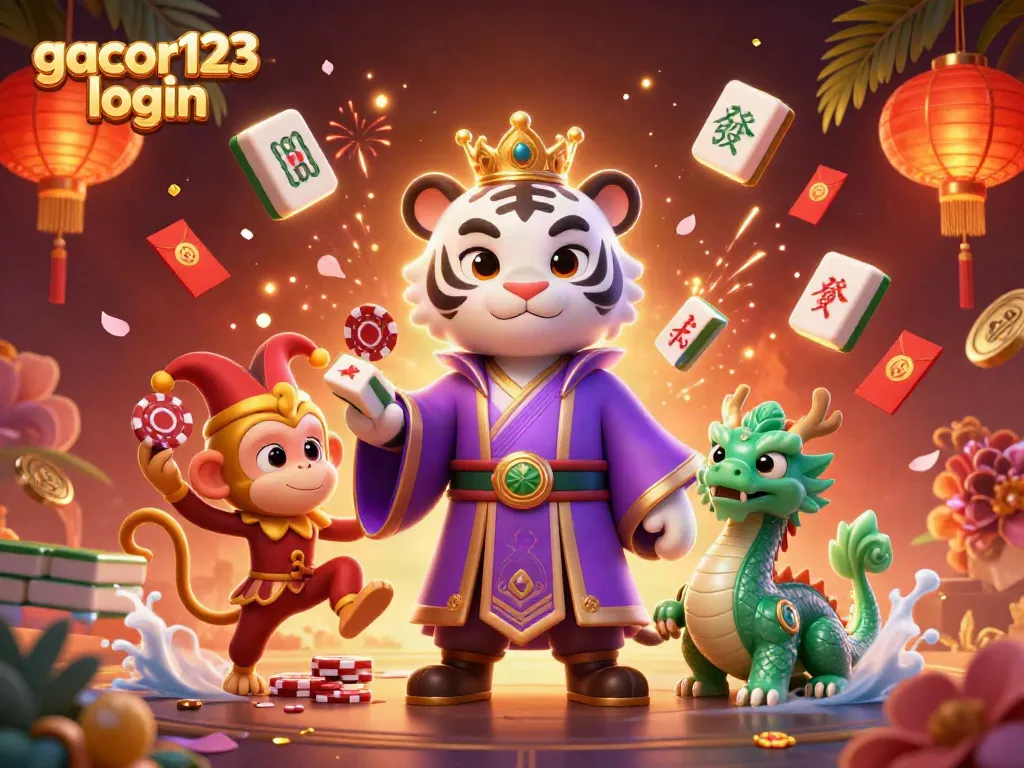 Play the best games at gacor123 login with a lively tiger, monkey, and dragon scene.